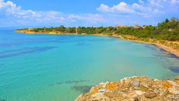 Paisaje costero con aguas turquesas cristalinas, primer plano rocoso y playa bordeada de árboles con edificios a lo lejos.