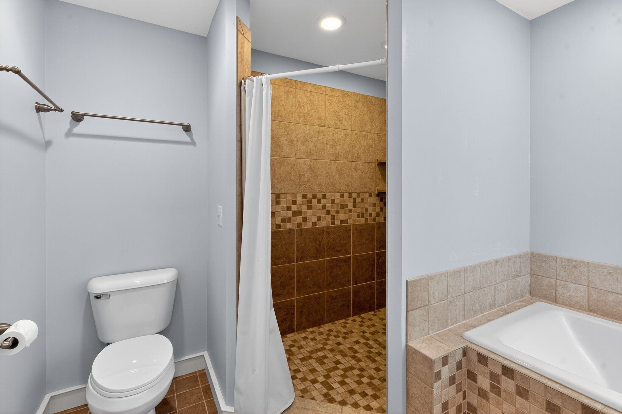 A bathroom with a toilet, shower, and bathtub.