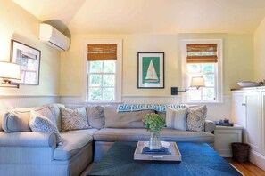 TV, fireplace, books, stereo