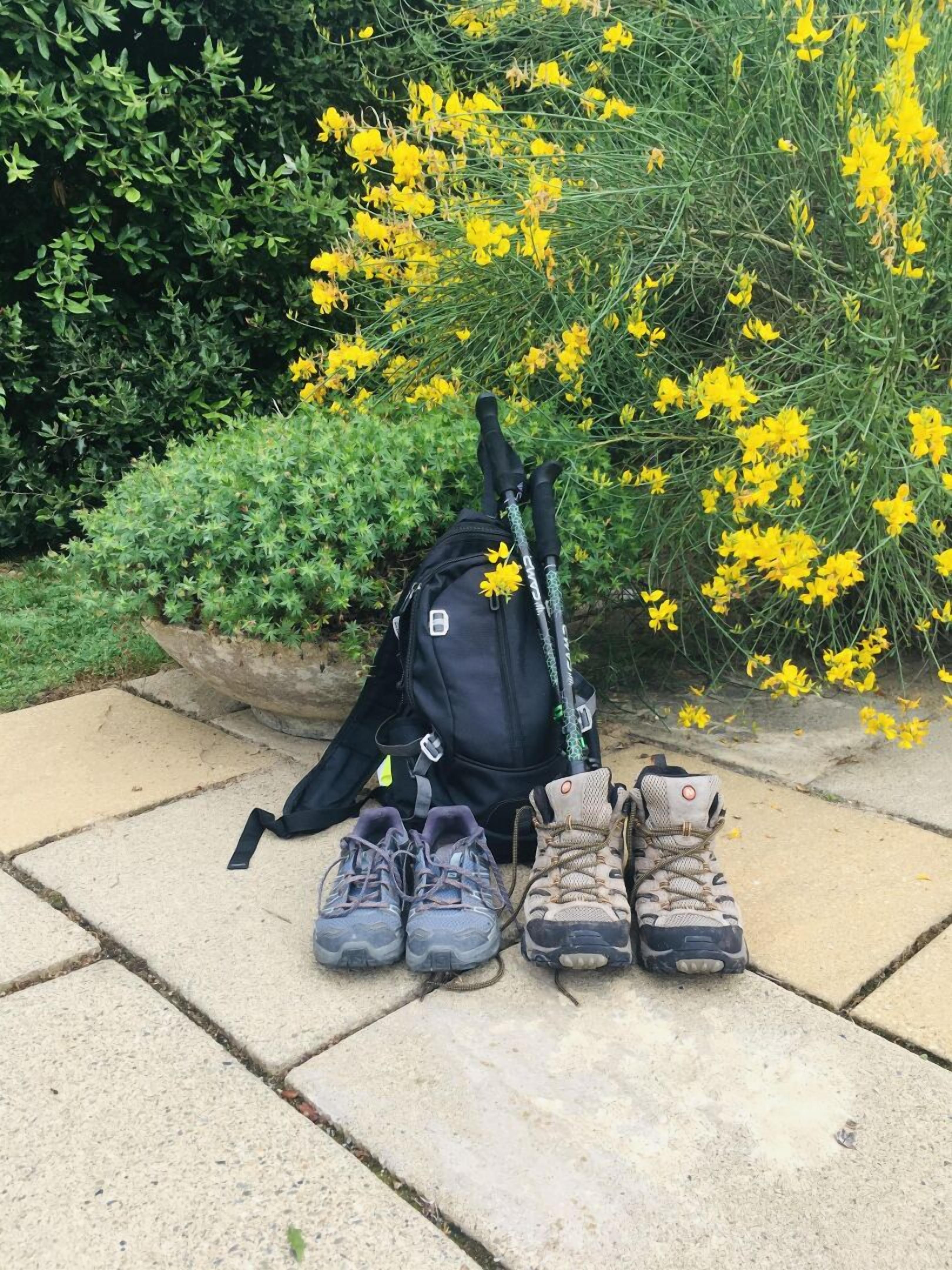 Un sac à dos, deux paires de chaussures de randonnée et une paire de bâtons de marche sur une surface pavée, avec des fleurs jaunes en arrière-plan.