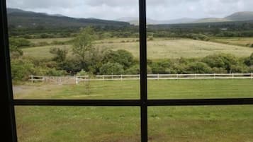 A view through a window of a rural landscape with fields and a fence.