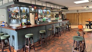 A bar area with stools, a counter with various bottles, and a decorative ball on a table. - Brú na Dromoda Dromid Hostel (Killeenleagh)