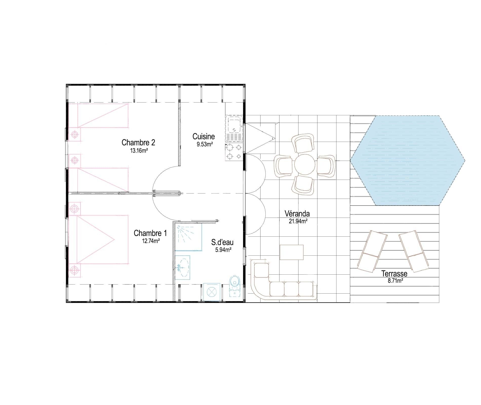 Een plattegrond met twee slaapkamers, een keuken, een eethoek, een badkamer, een woonkamer en een terras.