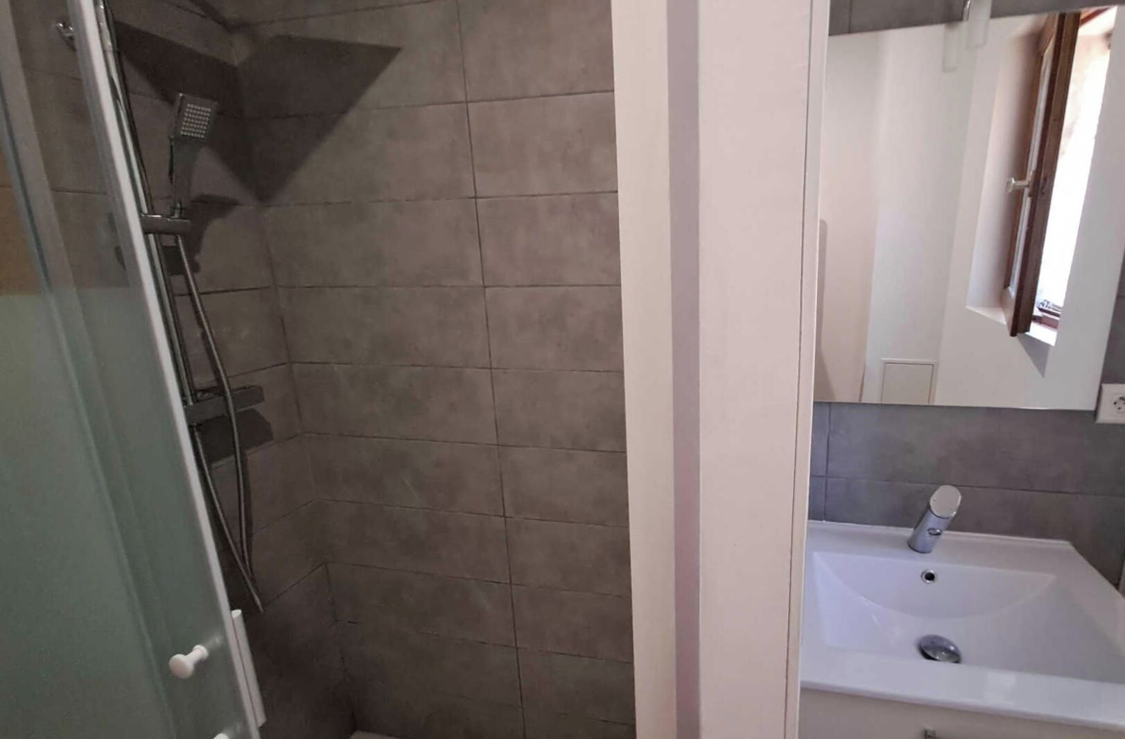 Un baño con ducha, lavabo y espejo.