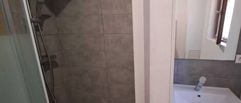 Un baño con ducha, lavabo y espejo.
