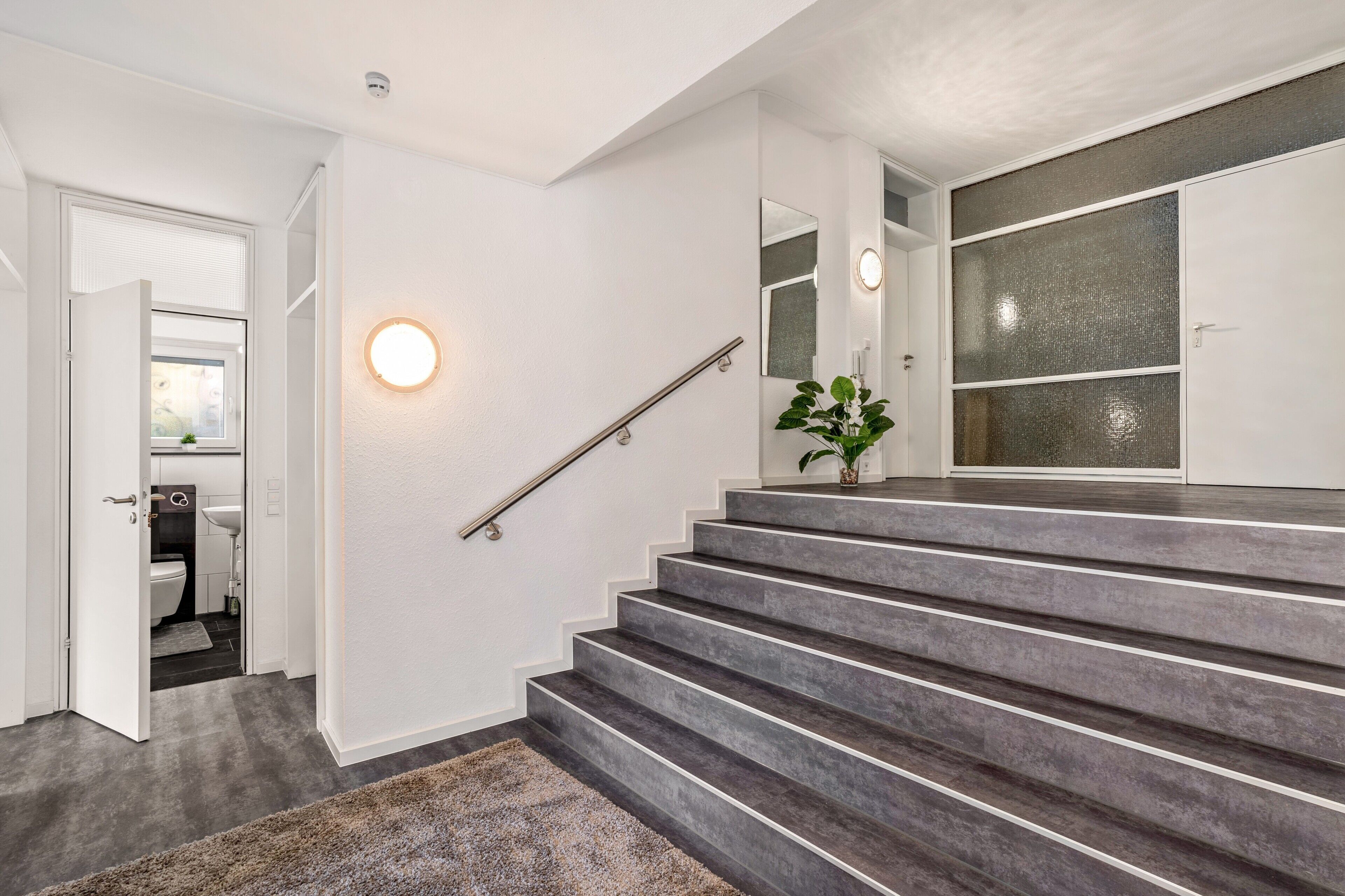 A staircase with a handrail, a round wall light, and a plant.