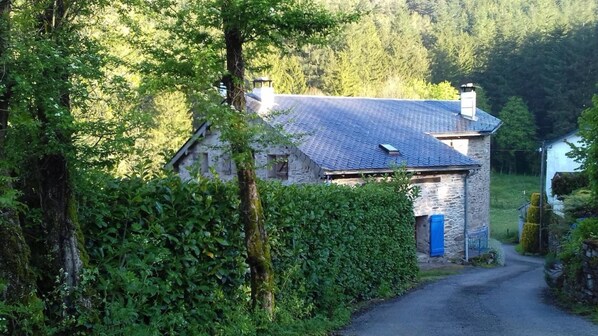 A stone house with a blue door, surrounded by lush greenery and a gravel path. - Gîte 42 - LACAUNE - Gîte (LACAUNE)