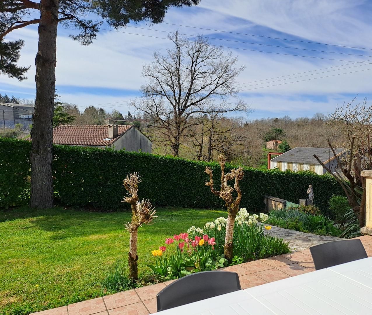 A garden with a table and chairs, surrounded by a hedge and flowering plants.