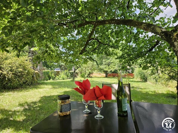 An outdoor table with a bottle, a jar, and a glass.