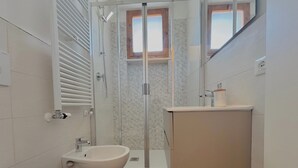 Ein modernes Badezimmer mit Duschkabine, integriertem Bidet, Toilette und Waschbecken mit Holzschrank.