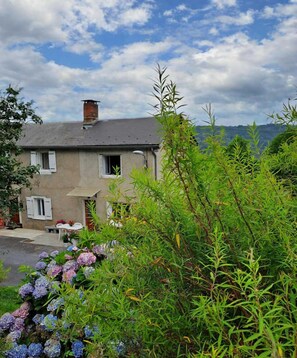 Une maison à deux étages, dotée d’un toit en pente, d’une cheminée bien visible et d’un petit jardin agrémenté de fleurs d’hortensias.