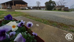 A rural road with a gravel surface, a building with a metal roof, and a truck parked nearby. - La Rivaillée - PARISOT (PARISOT)