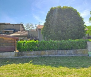 Zona residencial con un árbol grande, patio cercado y un edificio con techo de tejas.