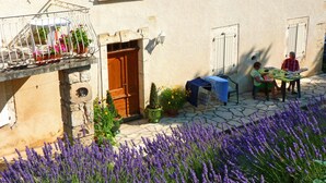 A courtyard with a stone floor, a wooden door, and a table with a blue tablecloth. There are potted plants and a flower bed with purple flowers. - Saint Martial - Terre de Bancalié (Terre de Bancalié)