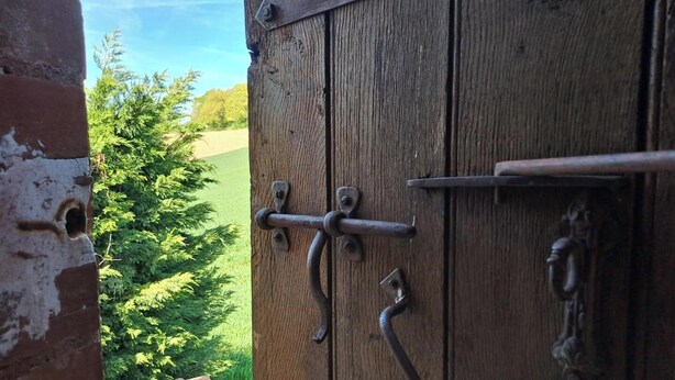 A rustic wooden door with metal handles and a latch, set against a backdrop of greenery and a clear sky. - La Teulière - LOMBERS - Gîte (LOMBERS)