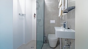 A modern bathroom with a glass-enclosed shower, a white sink, and a toilet. - The Vlasta Collection Rooms (Zagreb)