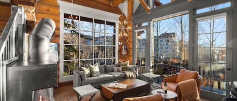 Smart TV, fireplace, books, stereo
