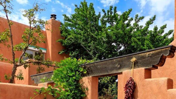 A courtyard with a wooden pergola, dried chilies hanging, and a potted plant.