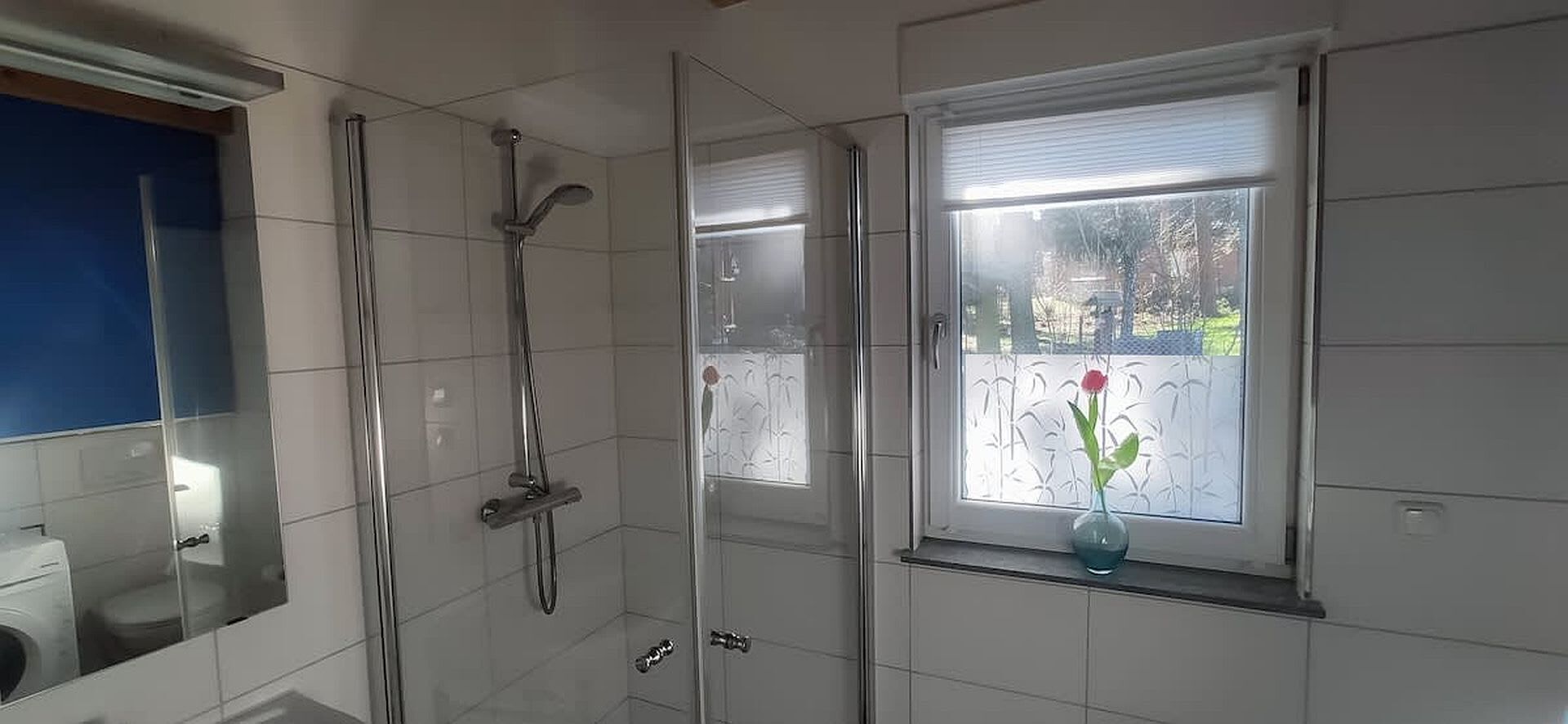 Un baño con cabina de ducha de vidrio, inodoro y ventana con vistas al exterior.
