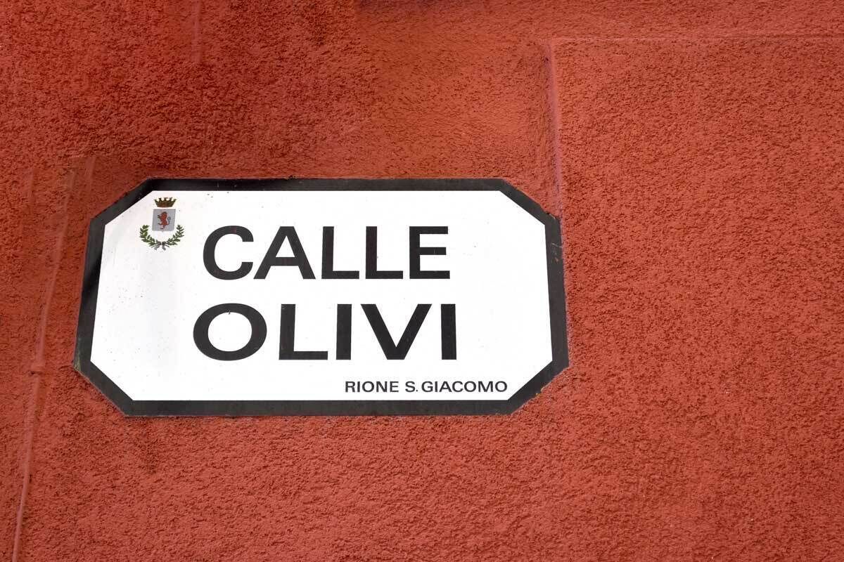 Ett gatukors med namnet ”Calle Olivi” och namnet ”Rione S. Giacomo” på.