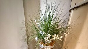 Une plante en pot, avec des fleurs blanches et un feuillage vert, est posée sur un plancher en bois, à côté d’un bol en métal.