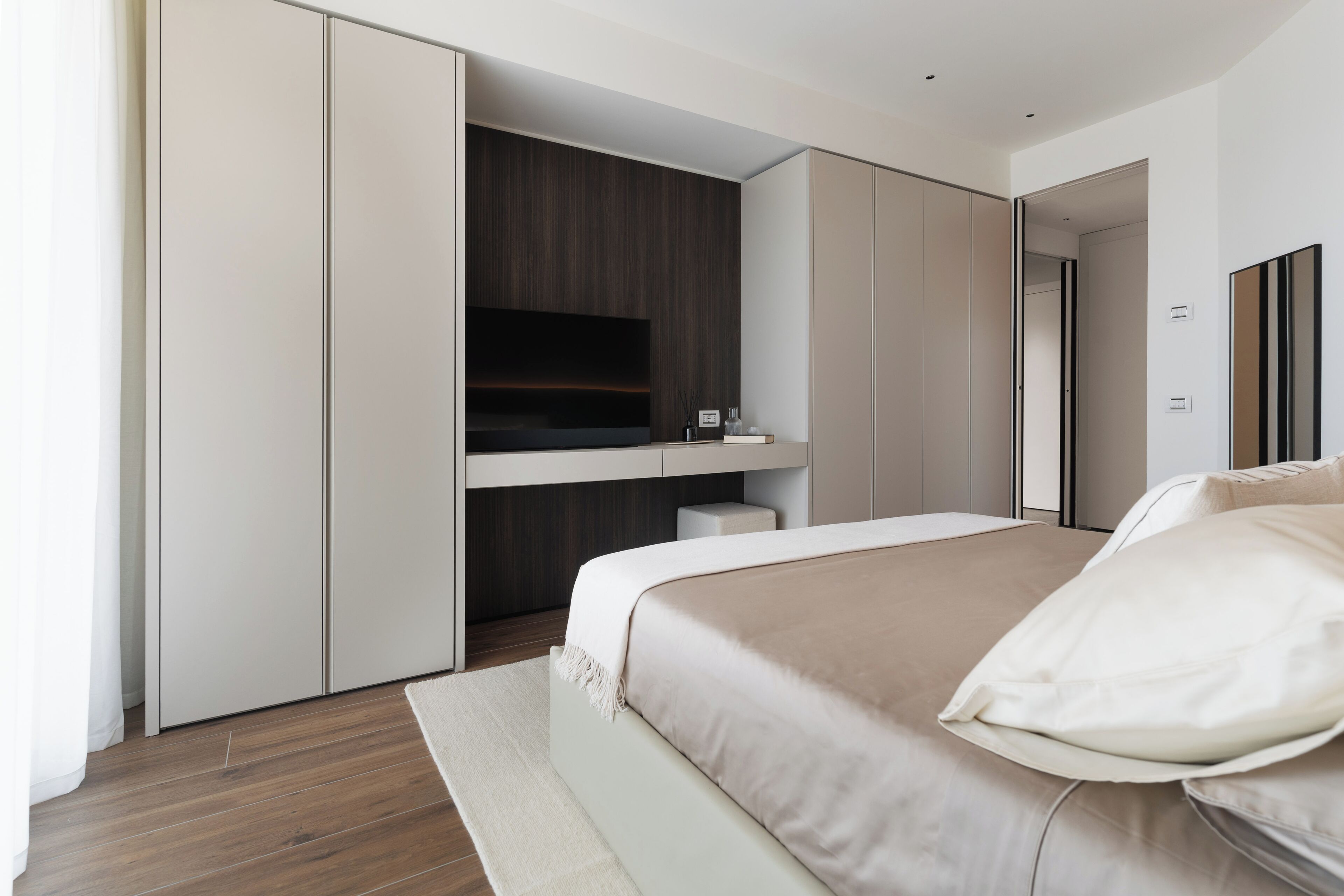 Desk, laptop workspace, blackout drapes, iron/ironing board