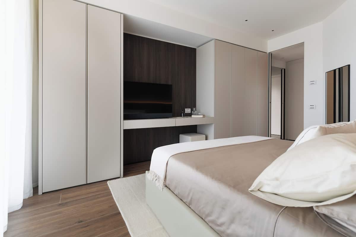 Desk, laptop workspace, blackout drapes, iron/ironing board