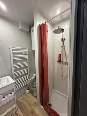 Douche, séchoir à cheveux, serviettes fournies, savon