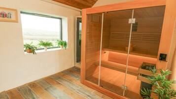 A sauna room with a wooden sliding door, a window with plants, and a tiled floor.
