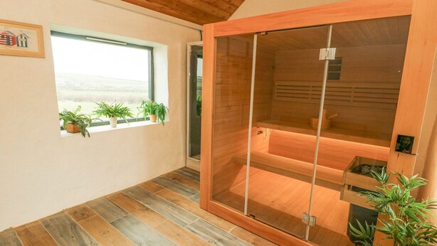 A sauna room with a wooden sliding door, a window with plants, and a tiled floor.