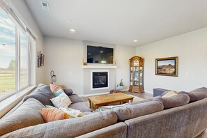 Televisión, chimenea, libros