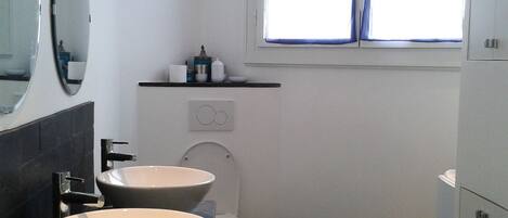 Shower, hair dryer, towels, soap