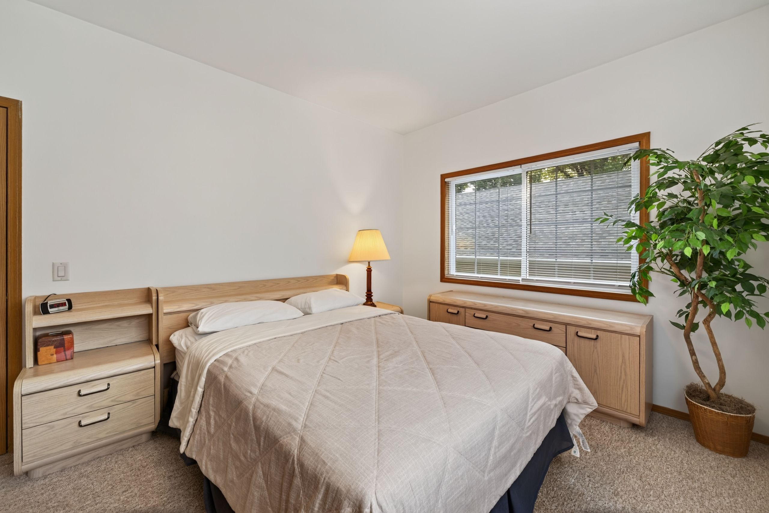 Un dormitorio con cama, mesita de noche, lámpara, cómoda y una planta en maceta.