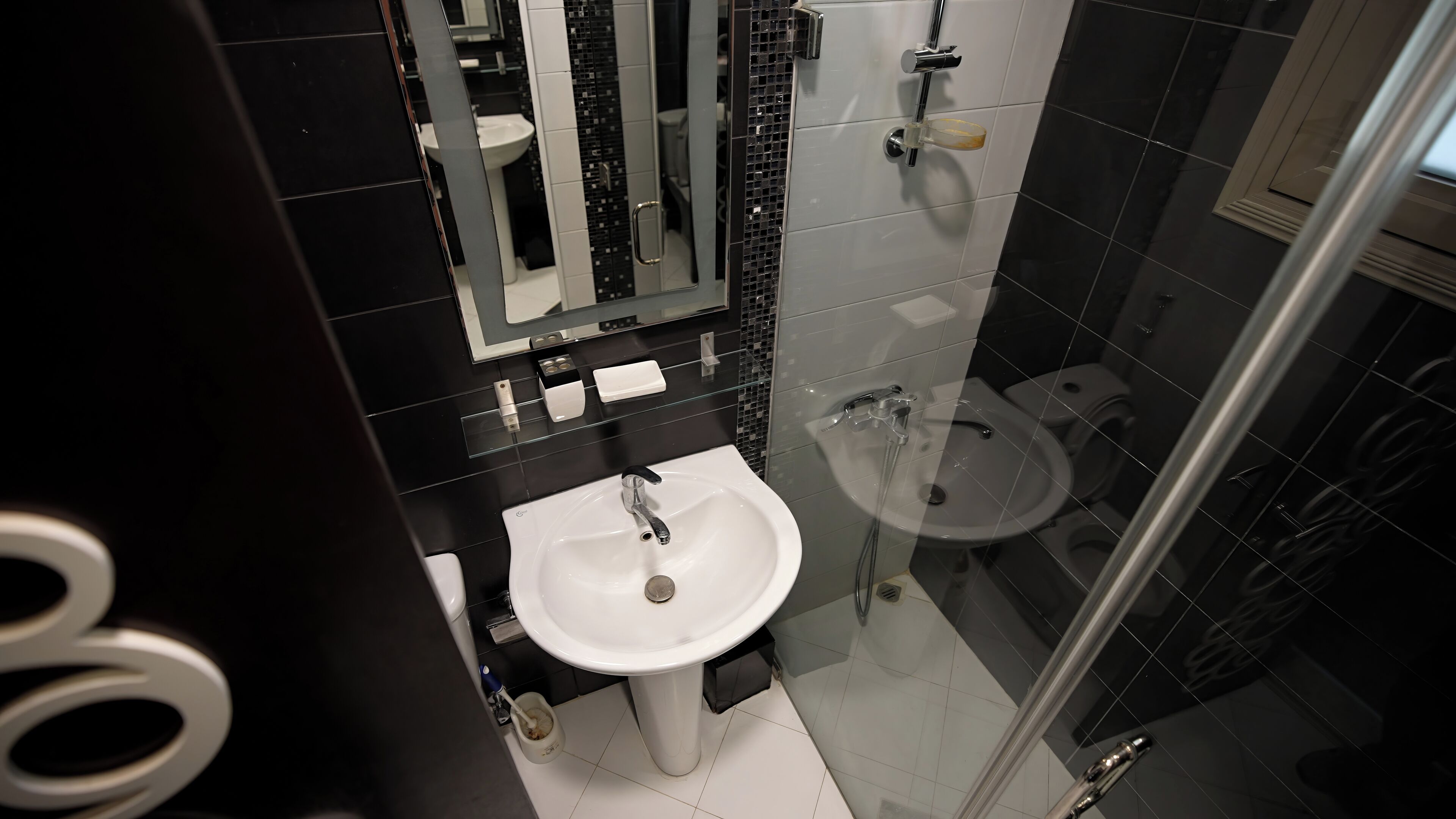 A modern bathroom with a white sink, a glass shower enclosure, and a separate toilet.