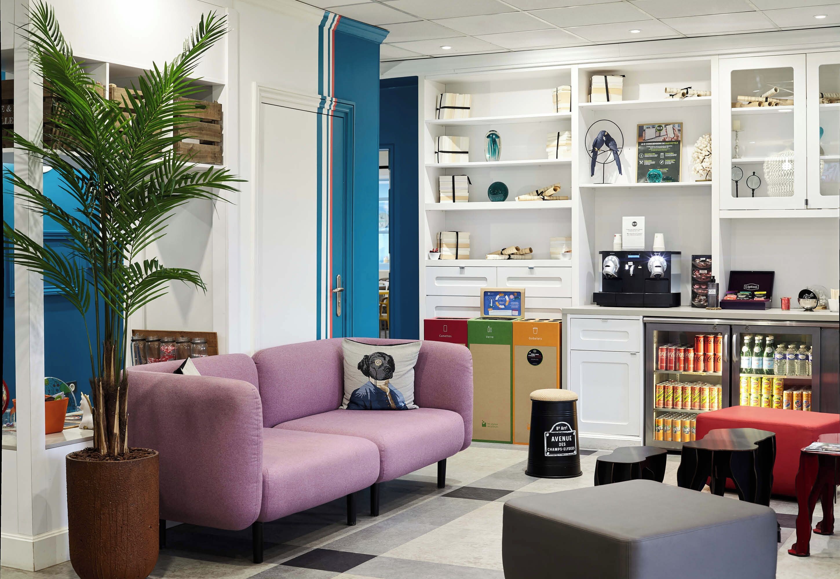 Een modern interieur met een paarse bank, een grote potplant, een koffieapparaat en een koelkast vol drankjes.