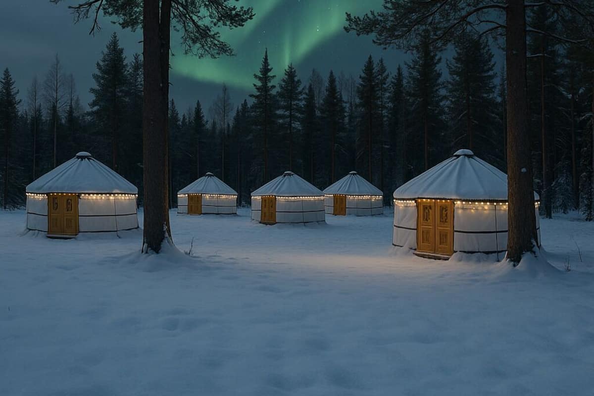 Une rangée de yourtes dans une forêt enneigée, avec des aurores boréales en arrière-plan.