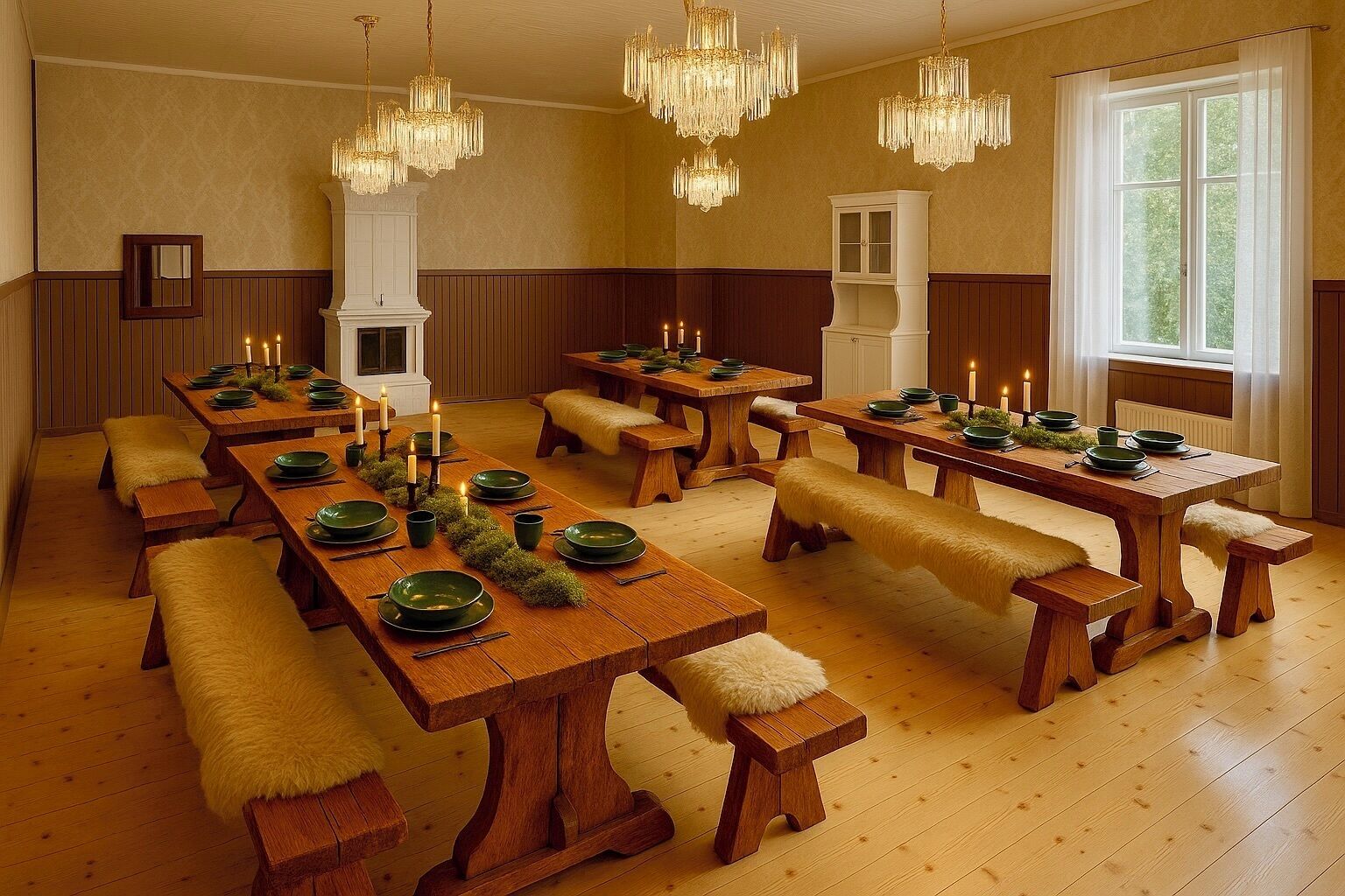 A dining area with wooden tables and benches, chandeliers, and a fireplace.