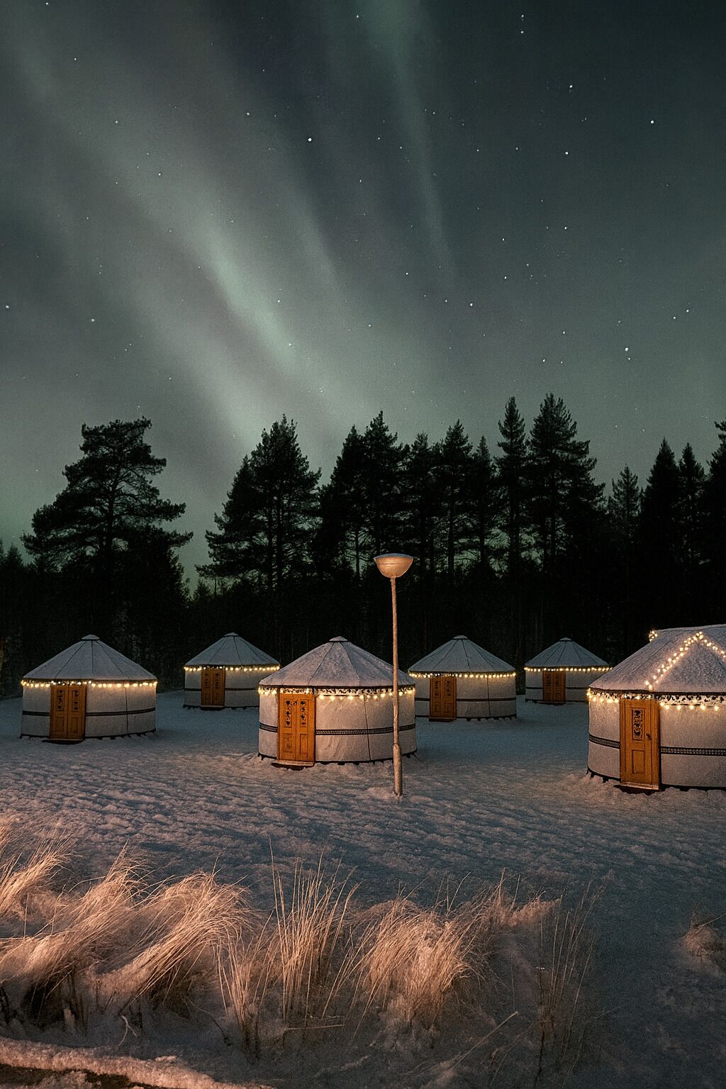 Eine Reihe von Jurten mit beleuchteten Lichterketten, eingebettet in eine verschneite Landschaft mit Sternenhimmel.