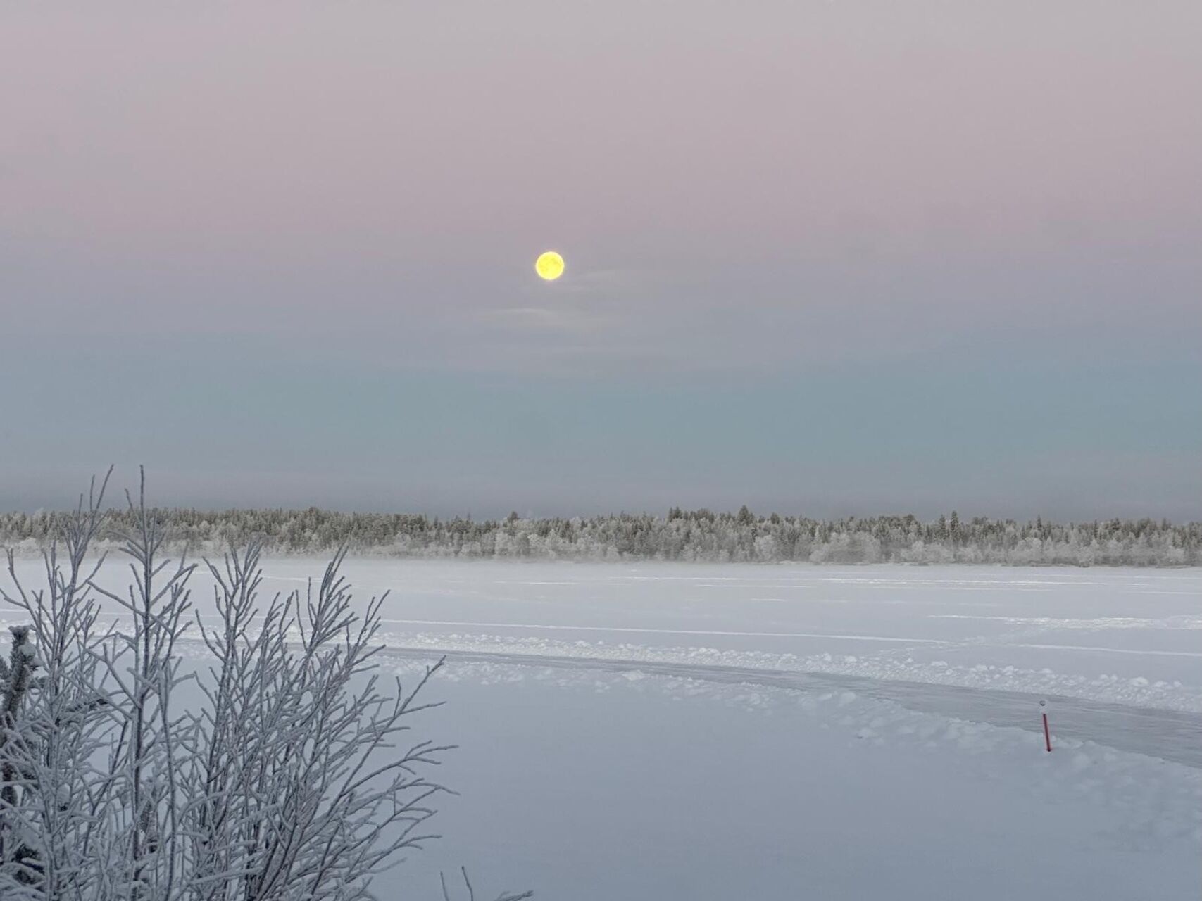 Un paysage enneigé avec un lac gelé et une forêt en arrière-plan.