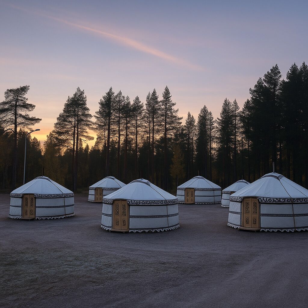 Una fila di yurt con uno sfondo boschivo.