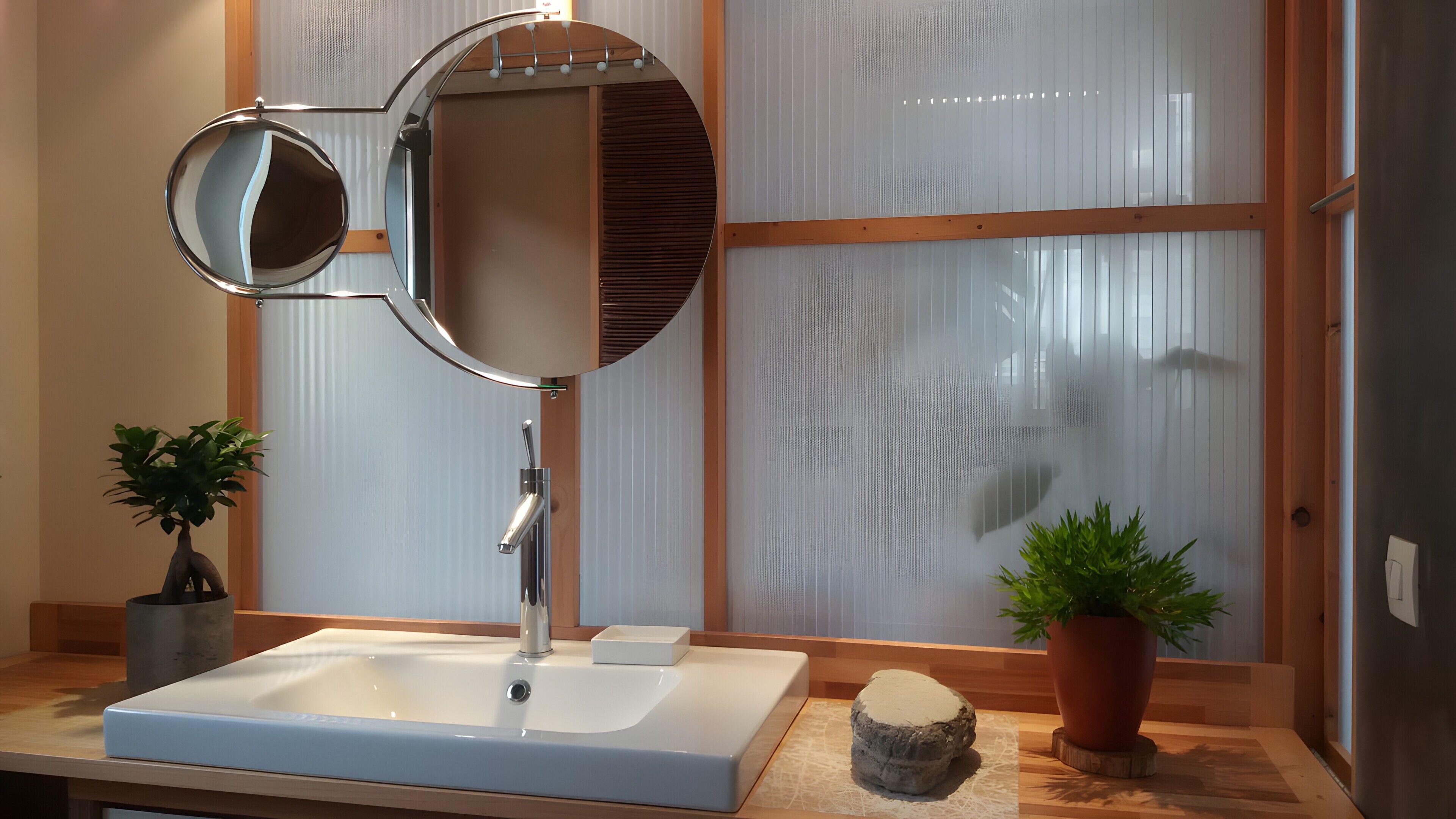 A bathroom with a white sink, a round mirror, and a wooden-framed window.