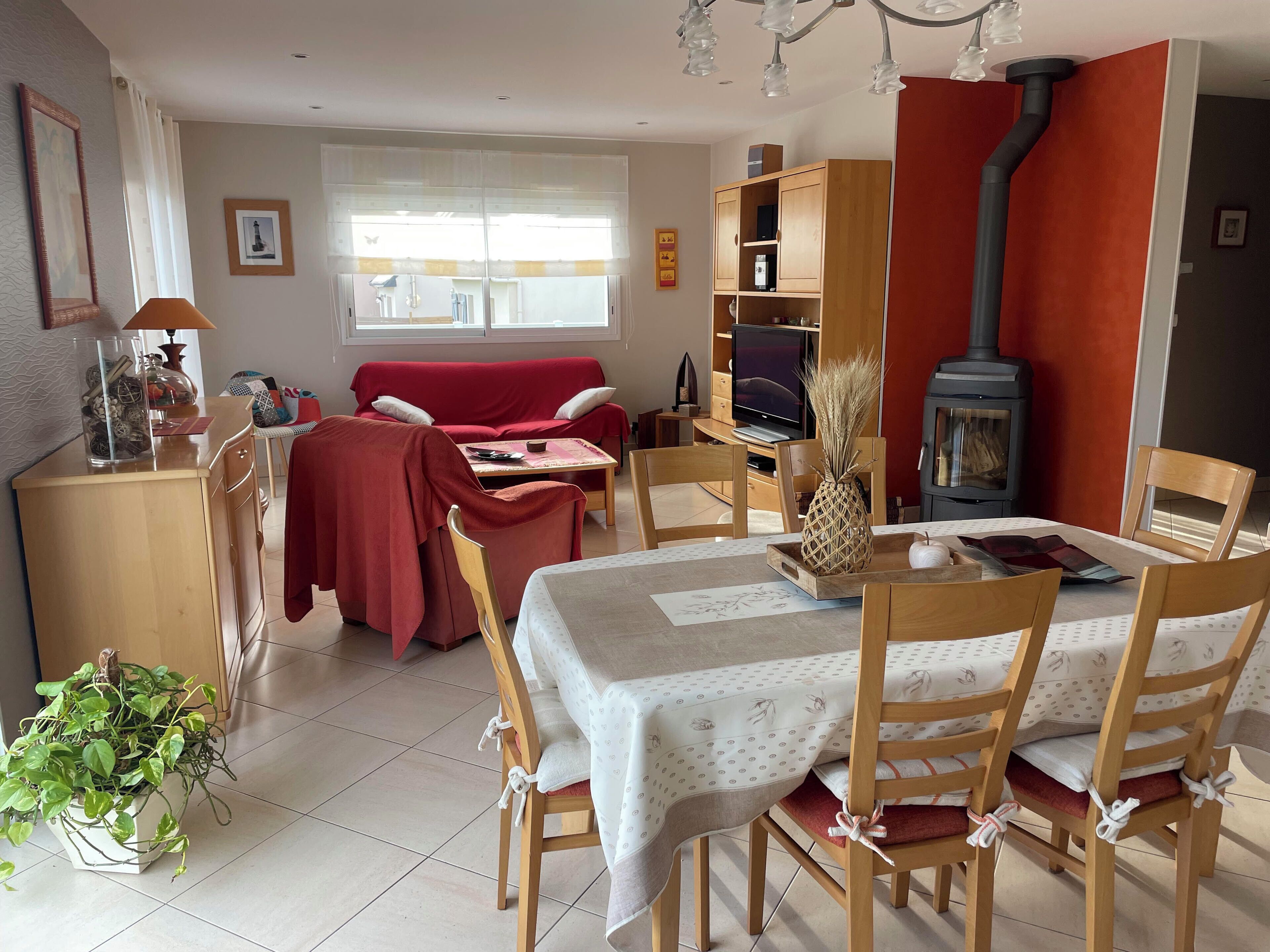 Télévision, cheminée, lecteur de DVD, chaîne hi-fi