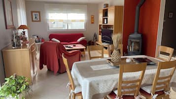 Télévision, cheminée, lecteur de DVD, chaîne hi-fi