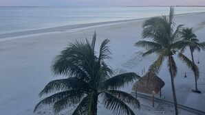Una playa con palmeras y una cabaña de techo de paja.