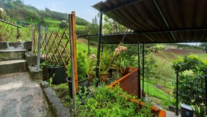 A covered outdoor area with steps leading down, surrounded by potted plants and a metal fence. - Studio 'Luci's House B' with Mountain Views, Shared Terrace, and Wi-Fi (São Jorge santana)
