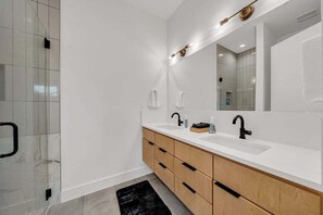 Shower, hair dryer, shampoo