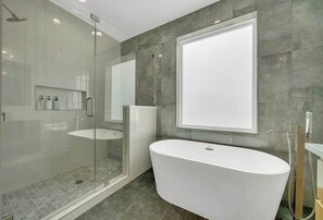 Shower, hair dryer, shampoo