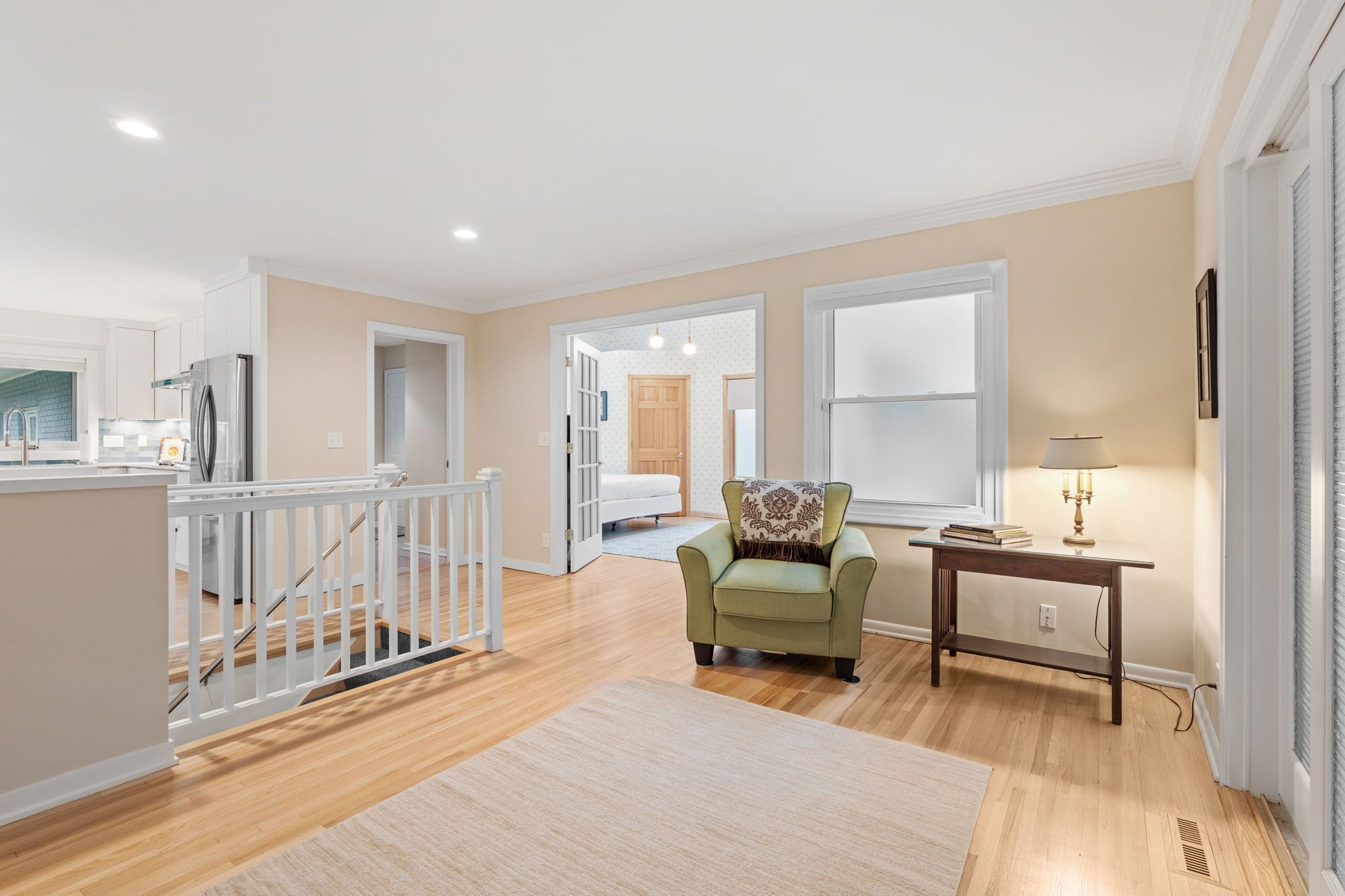 TV, fireplace, books