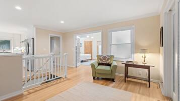 TV, fireplace, books