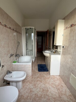 Hair dryer, bidet, towels, soap